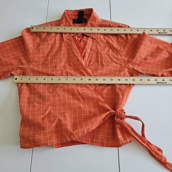 Lauren Ralph Lauren Top Womens Petite M Orange Plaid Cropped LS Tie Front Preppy - Picture 4 of 16